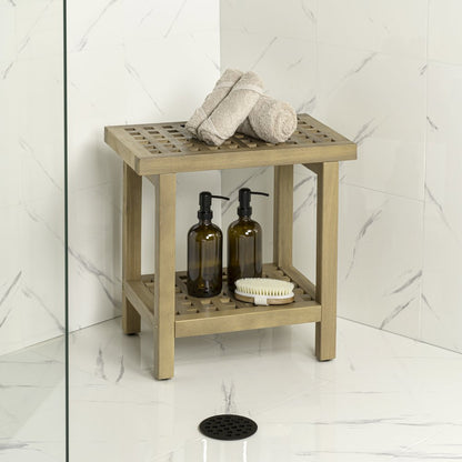 Armin 18" Modern Light Teak Acacia Wood Shower Stool with Storage Shelf