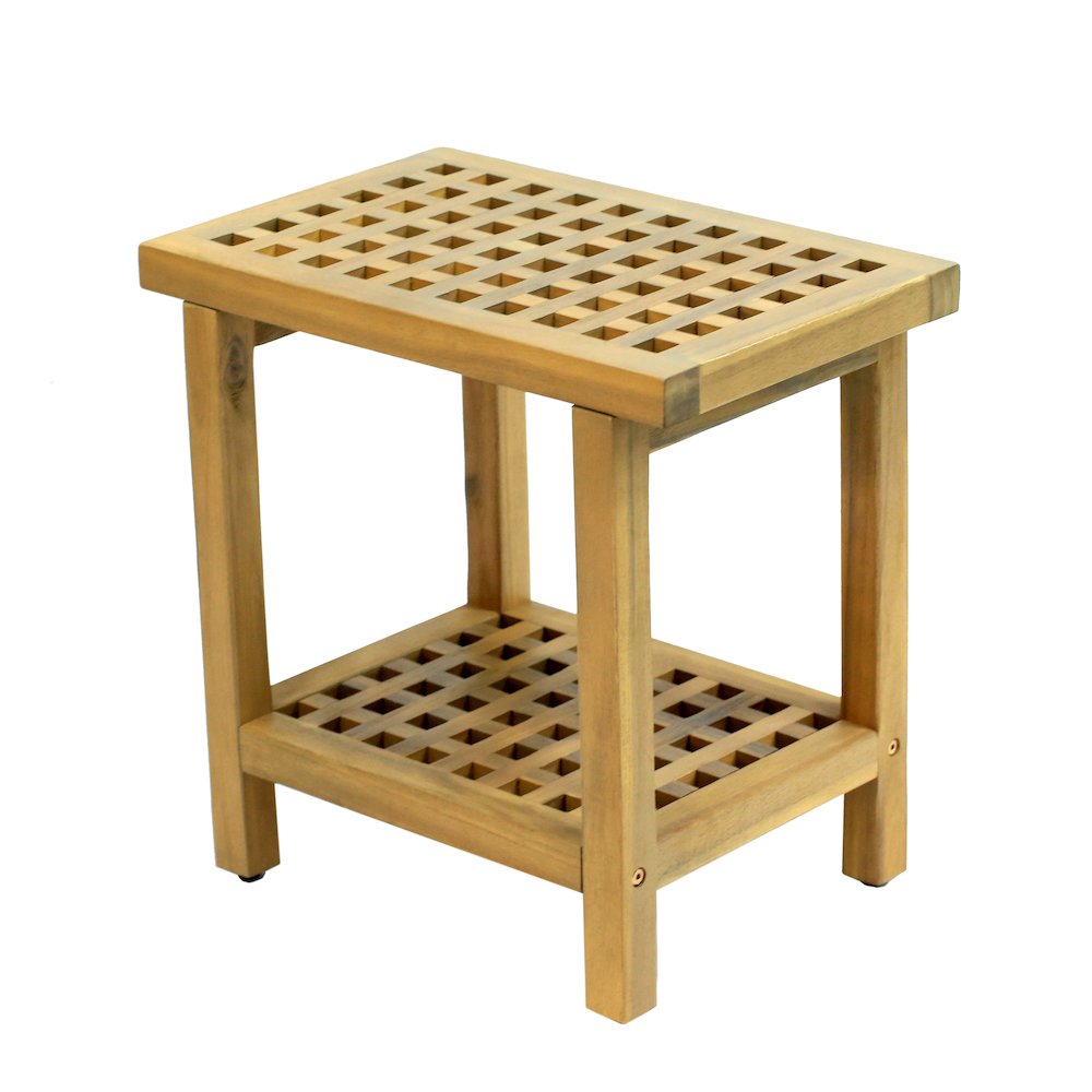 Armin 18" Modern Light Teak Acacia Wood Shower Stool with Storage Shelf