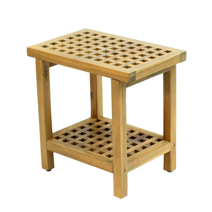 Armin 18" Modern Light Teak Acacia Wood Shower Stool with Storage Shelf