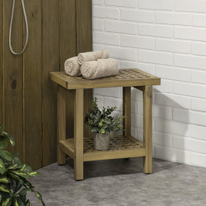 Armin 18" Modern Light Teak Acacia Wood Shower Stool with Storage Shelf