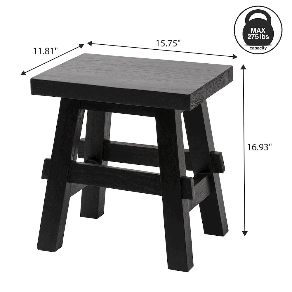 Revine 16.9" Rustic Farmhouse Solid Mindi Wood Handcrafted Accent Stool, Black