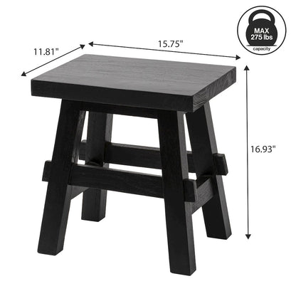 Revine 16.9" Rustic Farmhouse Solid Mindi Wood Handcrafted Accent Stool, Black