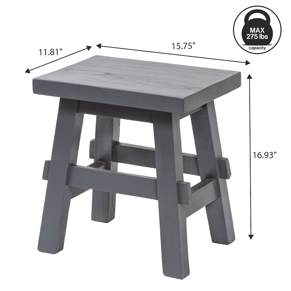 Revine 16.9" Rustic Farmhouse Solid Mindi Wood Accent Stool, Dark Gray