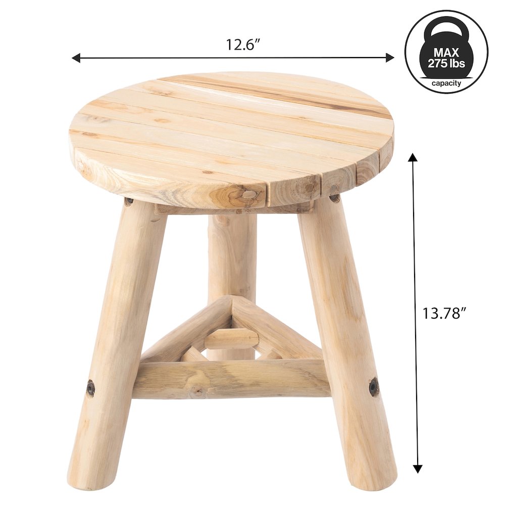 Triform 13.8" Solid Teak Wood Accent Stool with Tri-Leg Base, Natural Bleach