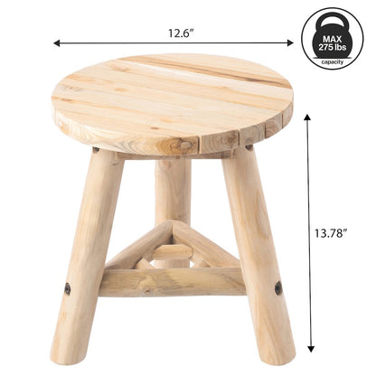 Triform 13.8" Solid Teak Wood Accent Stool with Tri-Leg Base, Natural Bleach