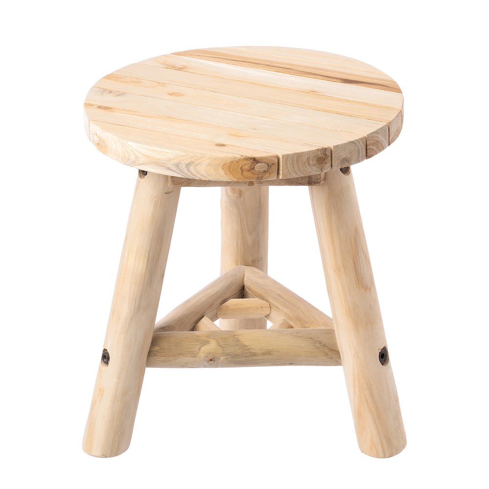 Triform 13.8" Solid Teak Wood Accent Stool with Tri-Leg Base, Natural Bleach