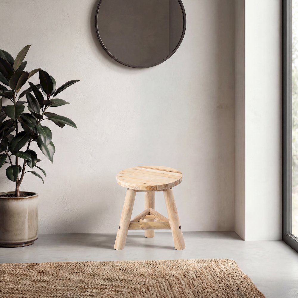 Triform 13.8" Solid Teak Wood Accent Stool with Tri-Leg Base, Natural Bleach