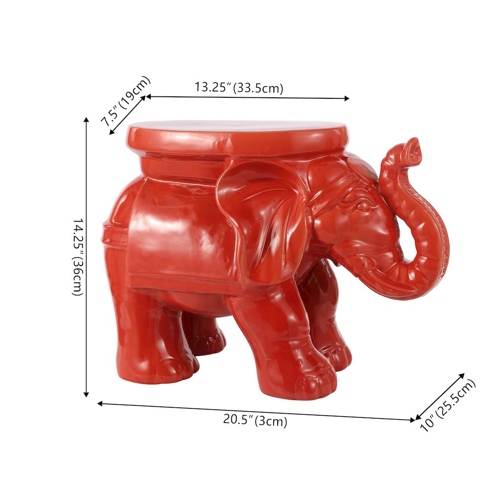 White Elephant 14.25" Bohemian Glazed Red Ceramic Elephant Garden Stool