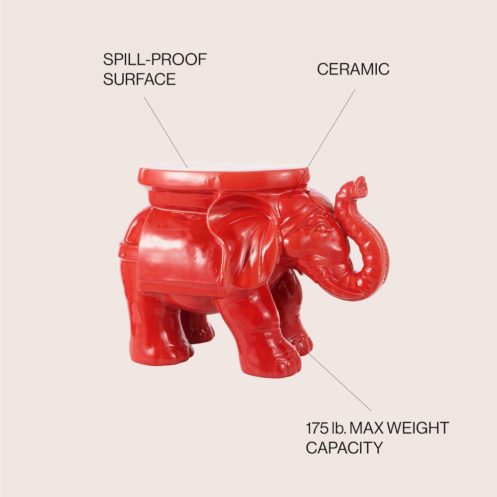 White Elephant 14.25" Bohemian Glazed Red Ceramic Elephant Garden Stool