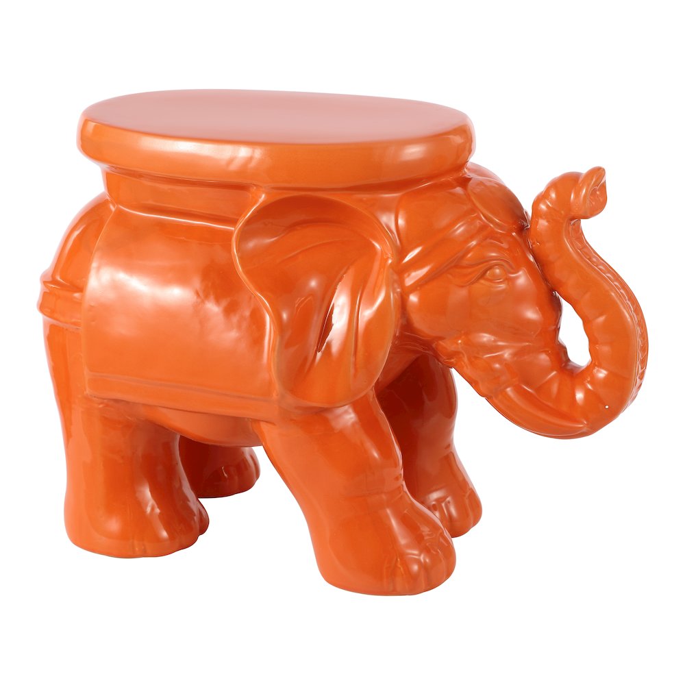 White Elephant 14.25" Bohemian Glazed Orange Ceramic Elephant Garden Stool