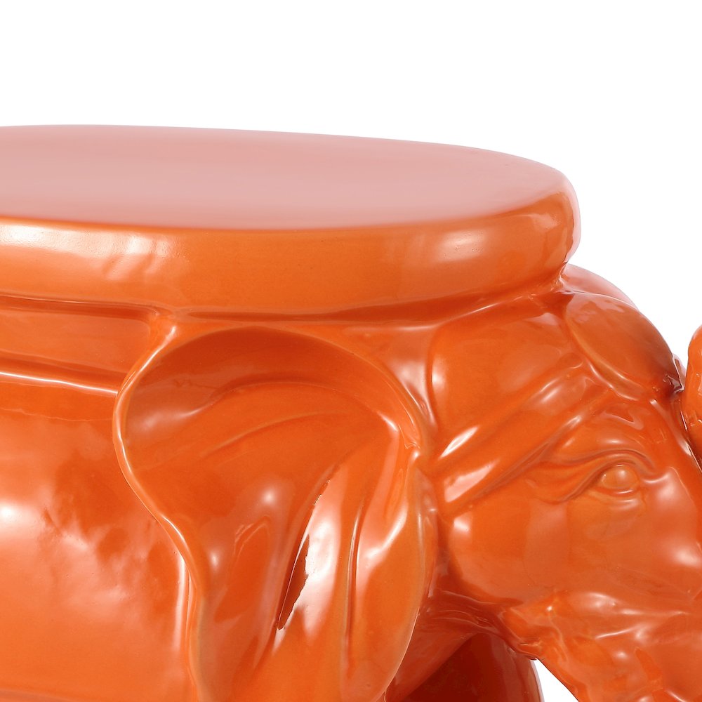 White Elephant 14.25" Bohemian Glazed Orange Ceramic Elephant Garden Stool