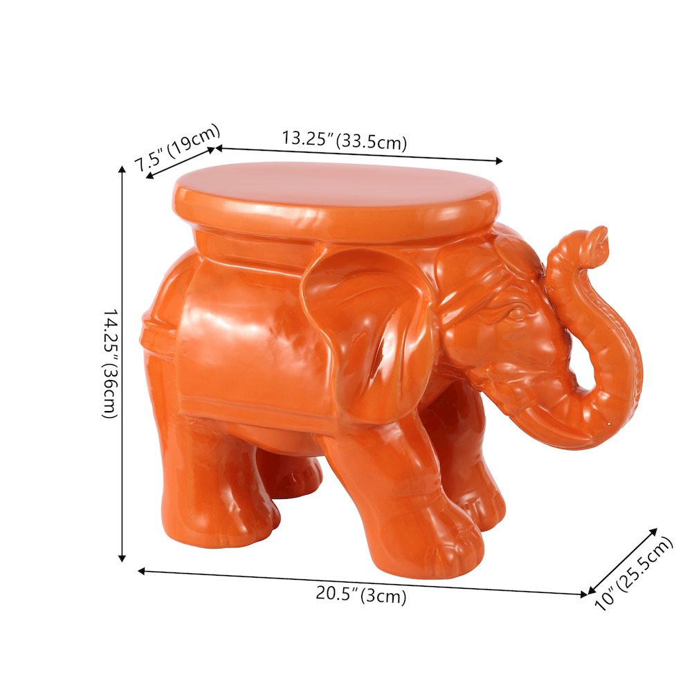 White Elephant 14.25" Bohemian Glazed Orange Ceramic Elephant Garden Stool