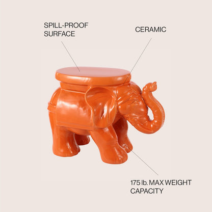 White Elephant 14.25" Bohemian Glazed Orange Ceramic Elephant Garden Stool