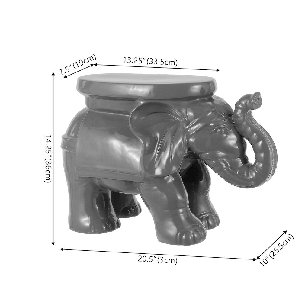 White Elephant 14.25" Bohemian Glazed Gray Ceramic Elephant Garden Stool