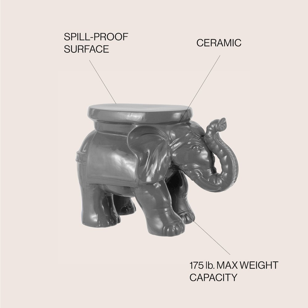 White Elephant 14.25" Bohemian Glazed Gray Ceramic Elephant Garden Stool