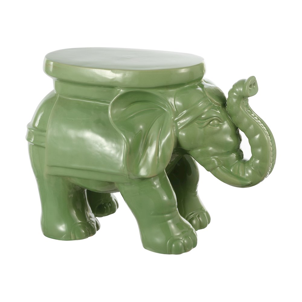 White Elephant 14.25" Bohemian Glazed Green Ceramic Elephant Garden Stool
