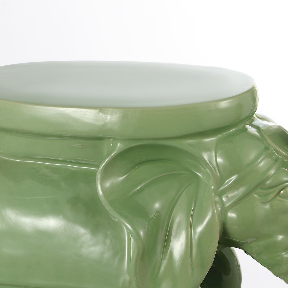 White Elephant 14.25" Bohemian Glazed Green Ceramic Elephant Garden Stool