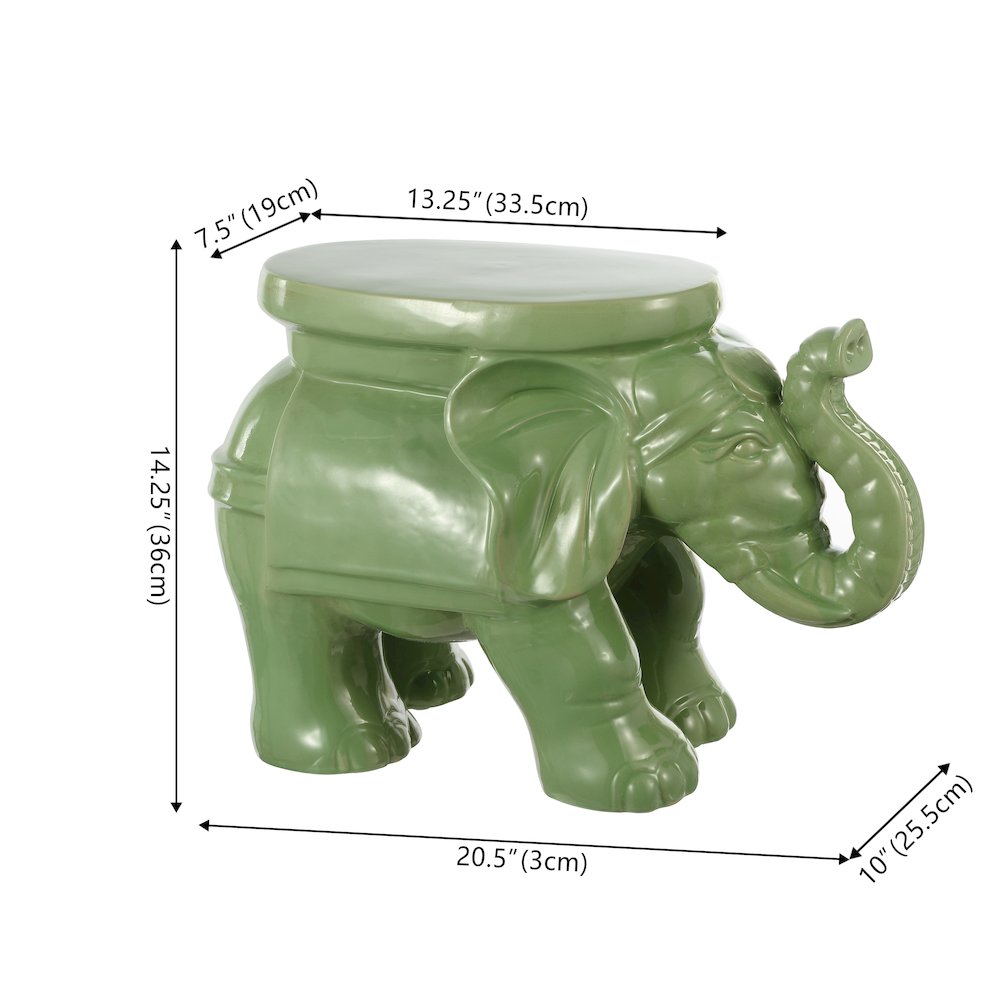 White Elephant 14.25" Bohemian Glazed Green Ceramic Elephant Garden Stool