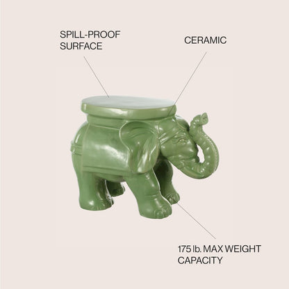 White Elephant 14.25" Bohemian Glazed Green Ceramic Elephant Garden Stool