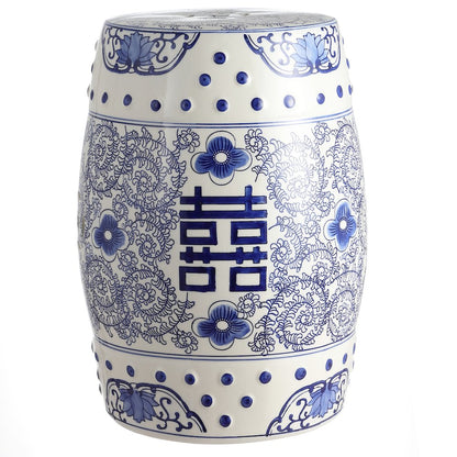 Double Happiness 18" Traditional Blue and White Ceramic Garden Stool