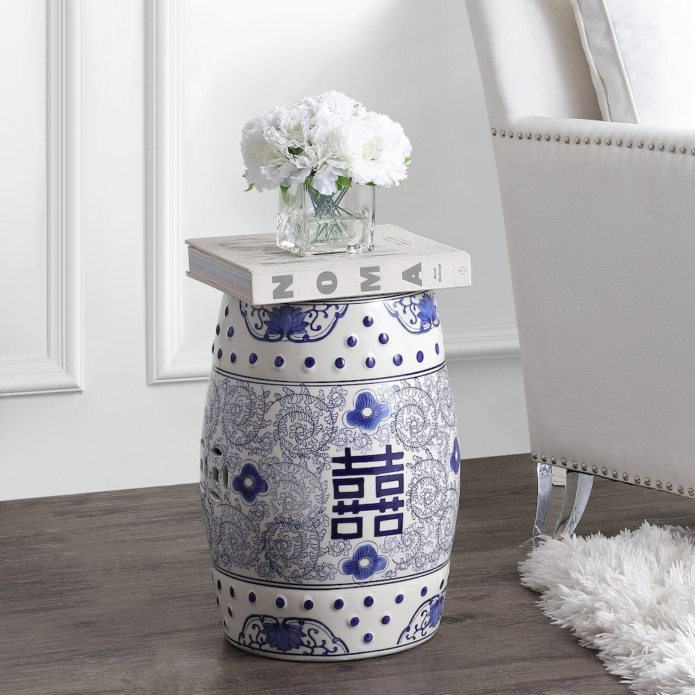 Double Happiness 18" Traditional Blue and White Ceramic Garden Stool