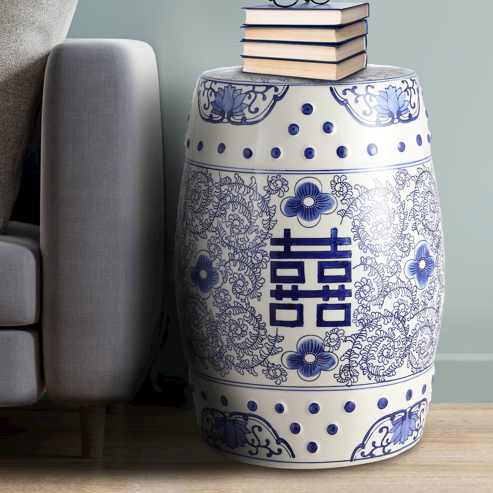 Double Happiness 18" Traditional Blue and White Ceramic Garden Stool