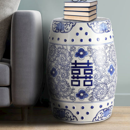 Double Happiness 18" Traditional Blue and White Ceramic Garden Stool