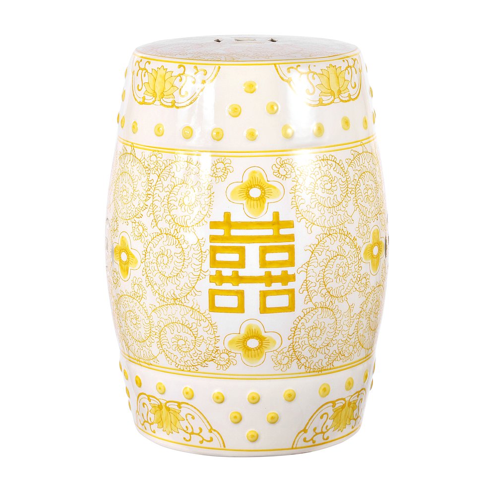 Double Happiness 18" Traditional Yellow and White Ceramic Garden Stool