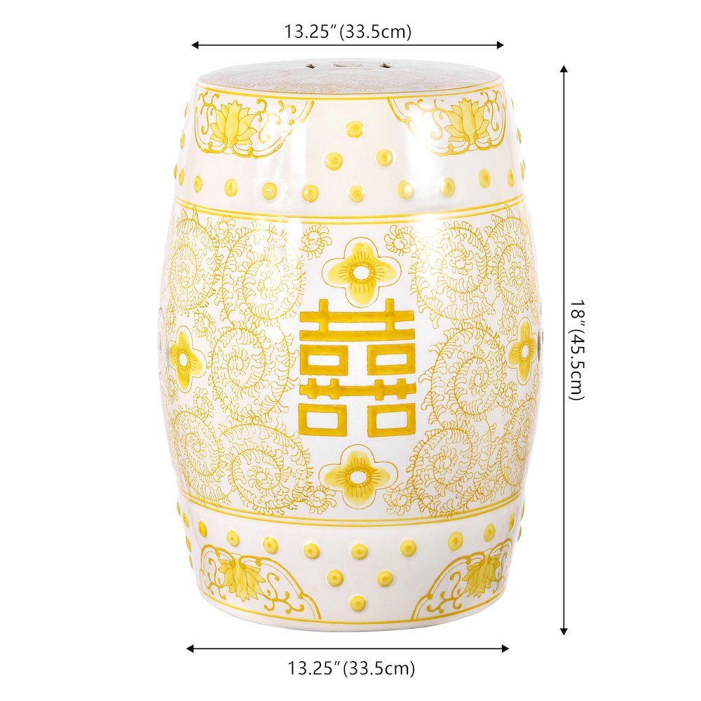 Double Happiness 18" Traditional Yellow and White Ceramic Garden Stool