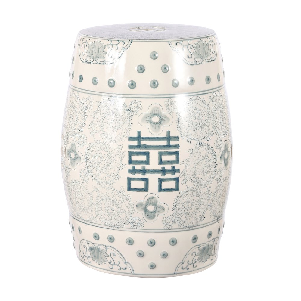 Double Happiness 18" Traditional Gray Blue and White Ceramic Garden Stool