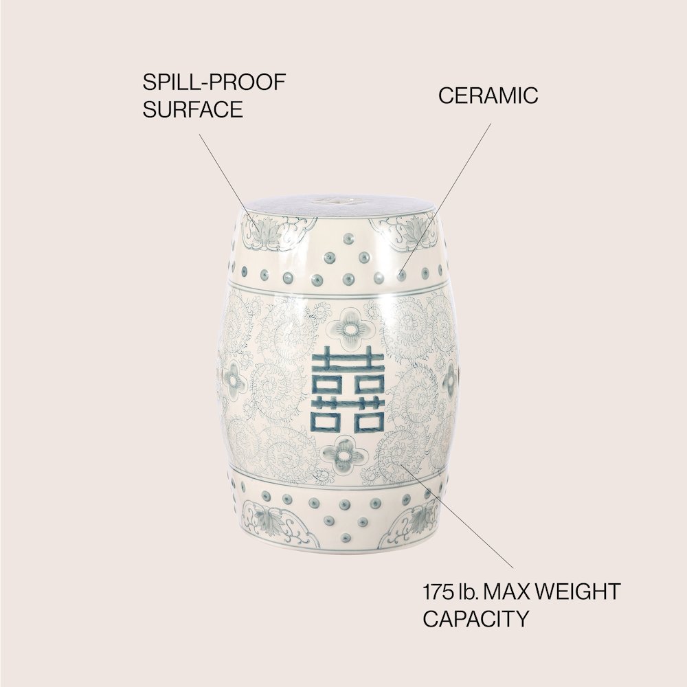 Double Happiness 18" Traditional Gray Blue and White Ceramic Garden Stool