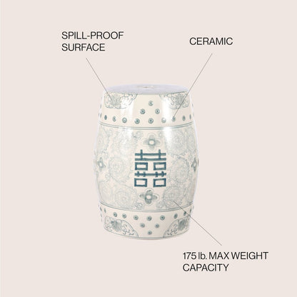 Double Happiness 18" Traditional Gray Blue and White Ceramic Garden Stool