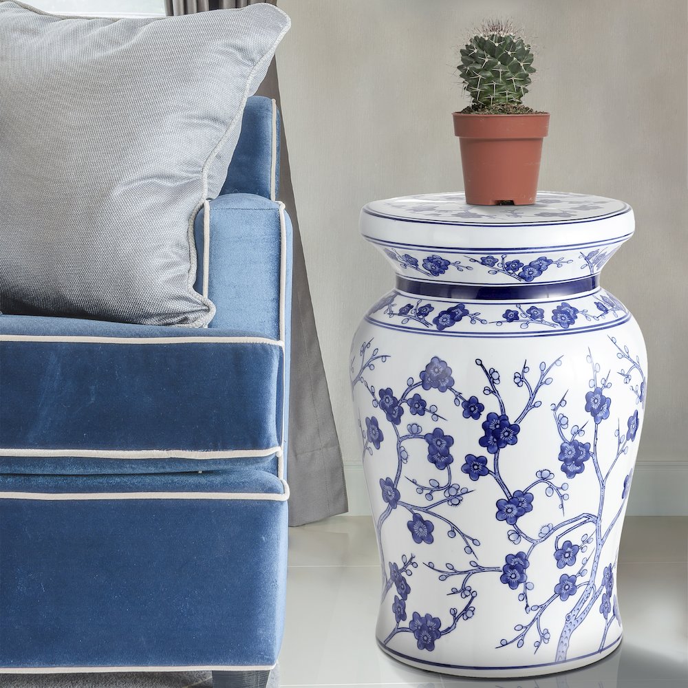 Cherry Blossom 18" Blue and White Chinoiserie Floral Ceramic Garden Stool