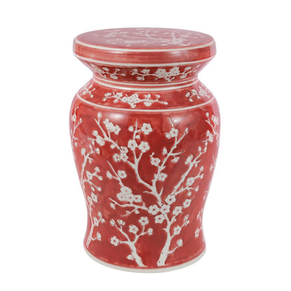 Cherry Blossom Classic 17.75" Red and White Ceramic Garden Stool