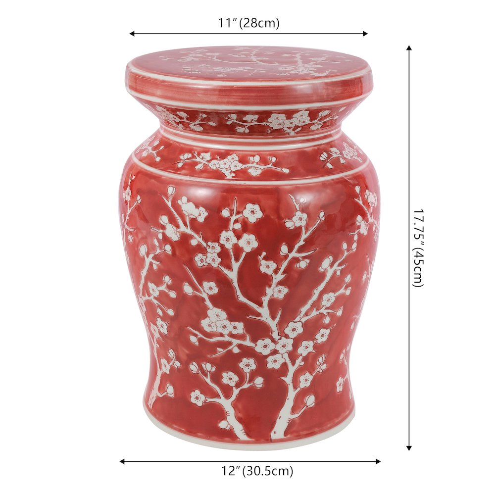 Cherry Blossom Classic 17.75" Red and White Ceramic Garden Stool