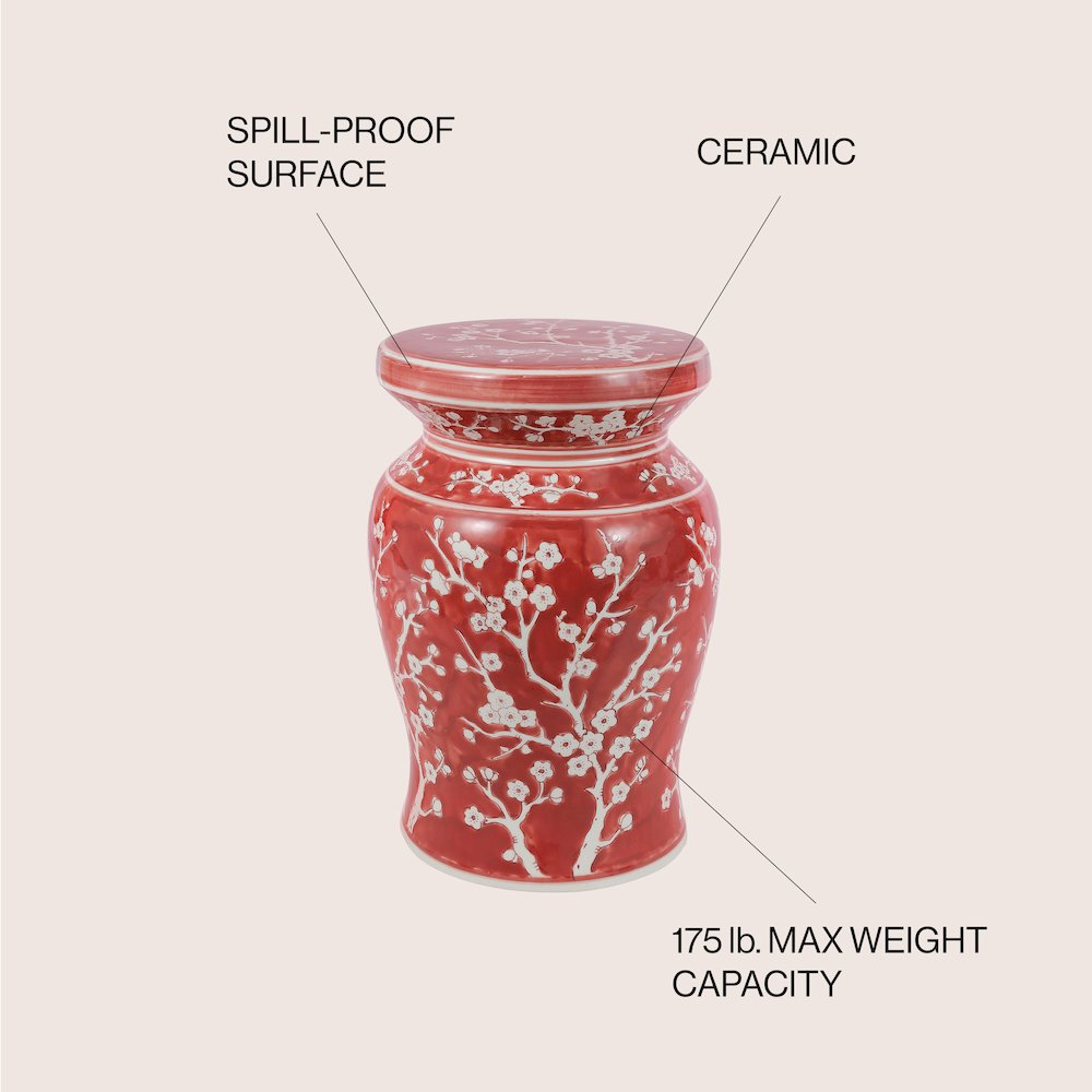 Cherry Blossom Classic 17.75" Red and White Ceramic Garden Stool