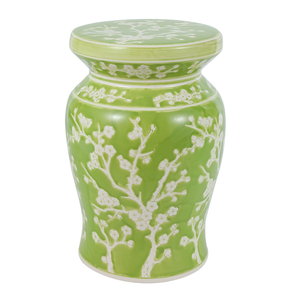 Cherry Blossom Classic 17.75" Green and White Ceramic Garden Stool