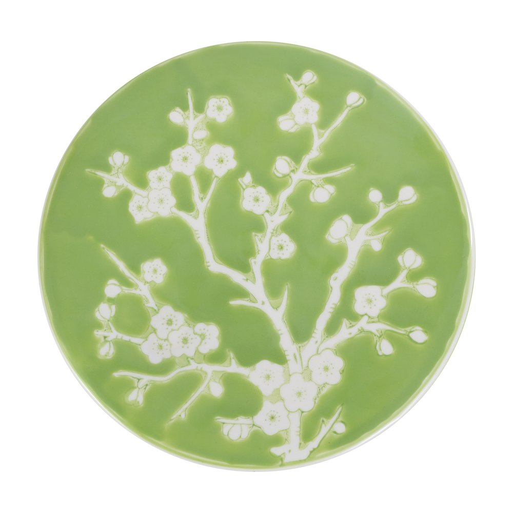 Cherry Blossom Classic 17.75" Green and White Ceramic Garden Stool