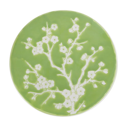 Cherry Blossom Classic 17.75" Green and White Ceramic Garden Stool