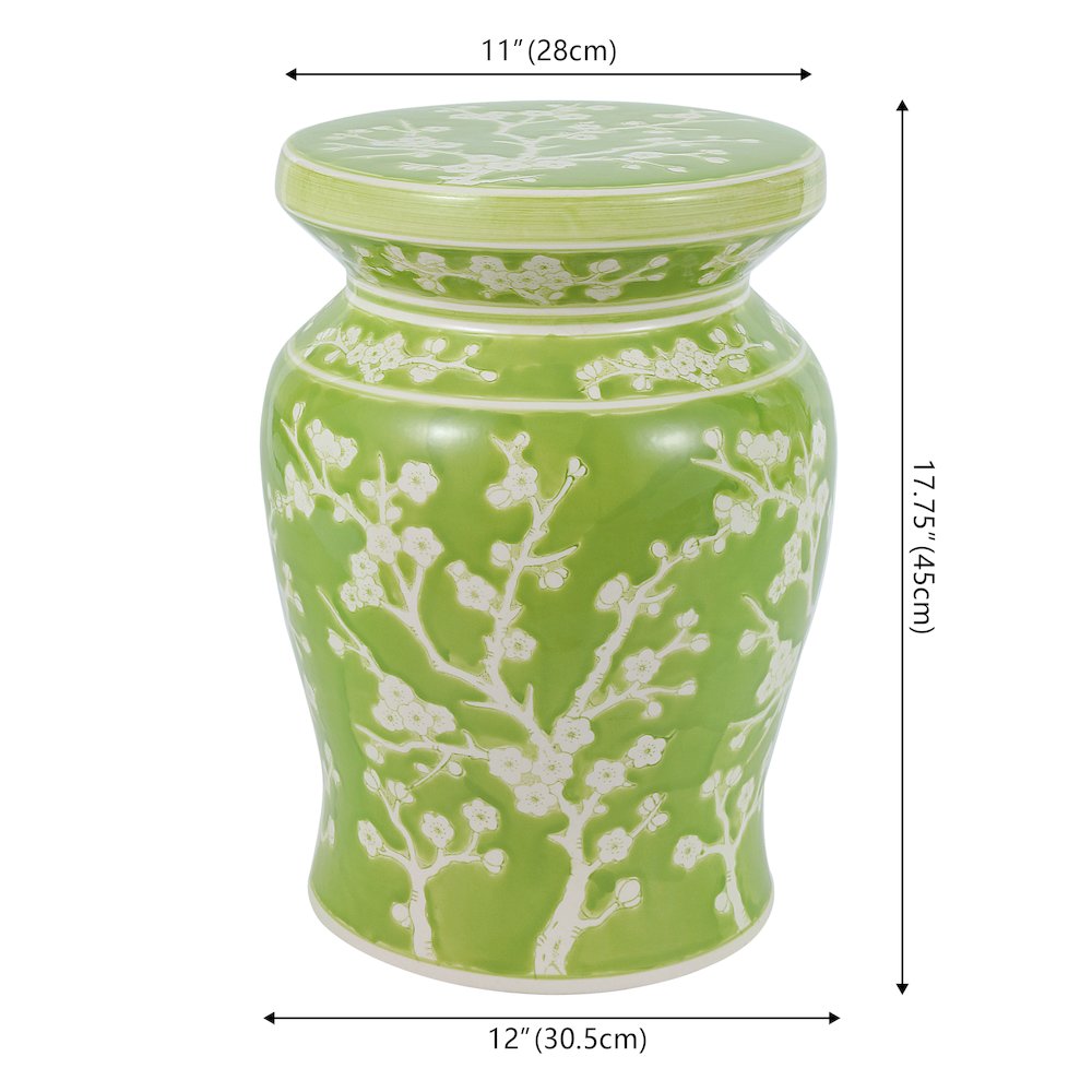 Cherry Blossom Classic 17.75" Green and White Ceramic Garden Stool
