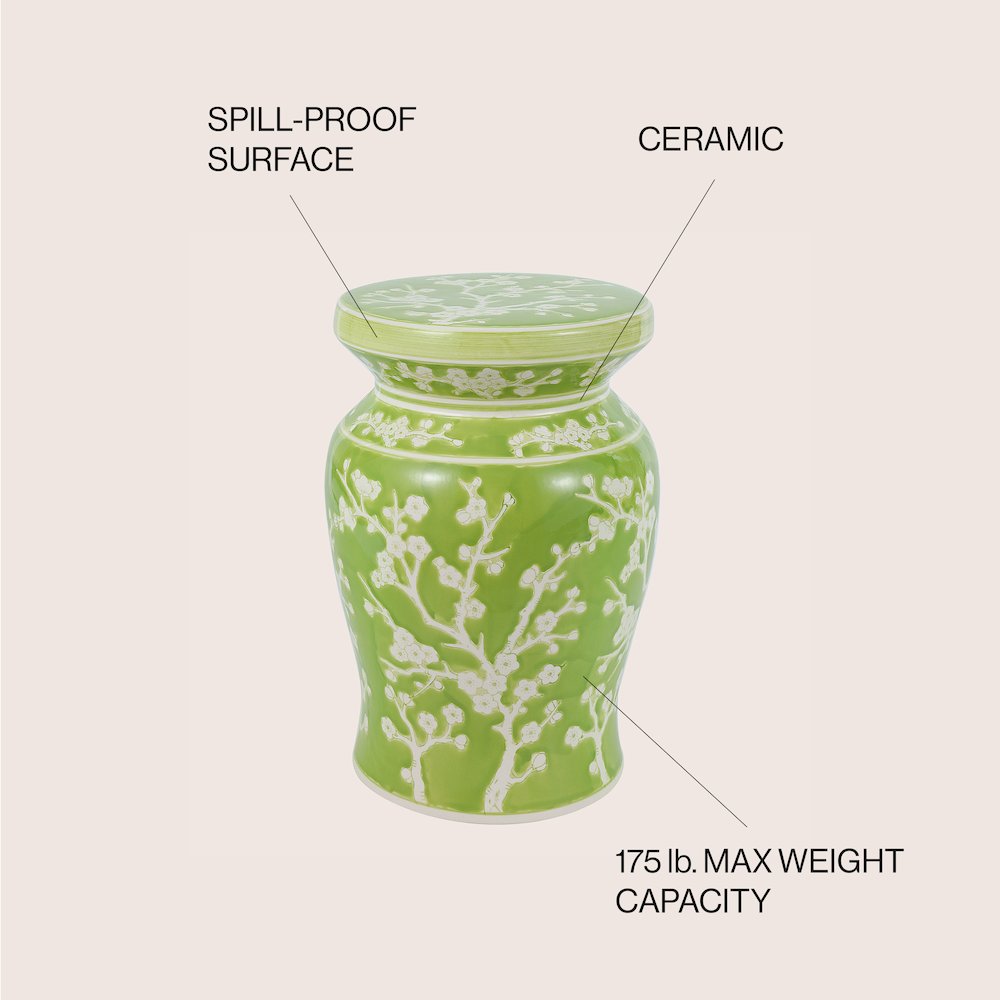 Cherry Blossom Classic 17.75" Green and White Ceramic Garden Stool