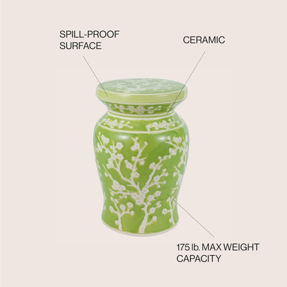 Cherry Blossom Classic 17.75" Green and White Ceramic Garden Stool