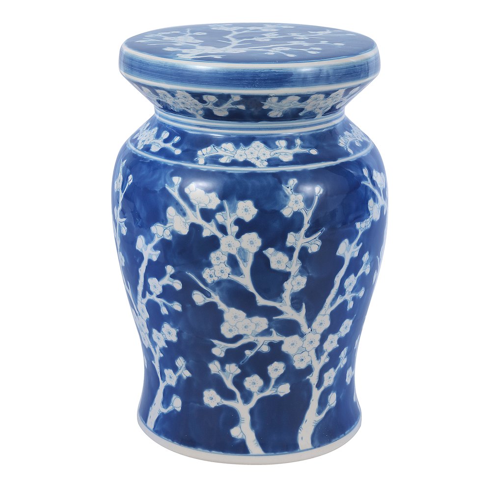 Cherry Blossom Classic 17.75" Blue and White Ceramic Garden Stool