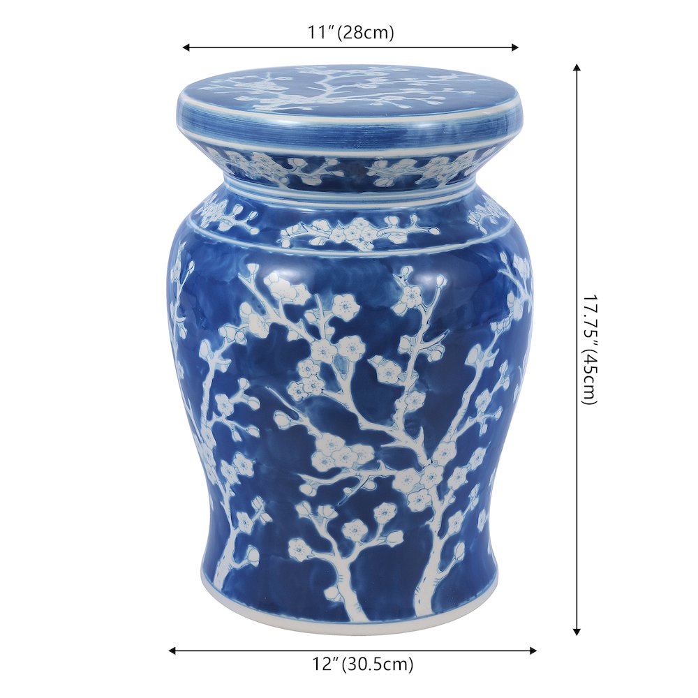 Cherry Blossom Classic 17.75" Blue and White Ceramic Garden Stool