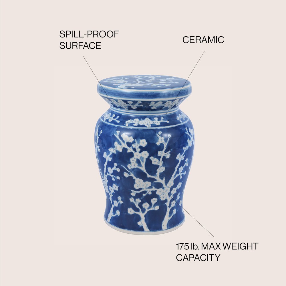 Cherry Blossom Classic 17.75" Blue and White Ceramic Garden Stool