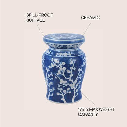 Cherry Blossom Classic 17.75" Blue and White Ceramic Garden Stool