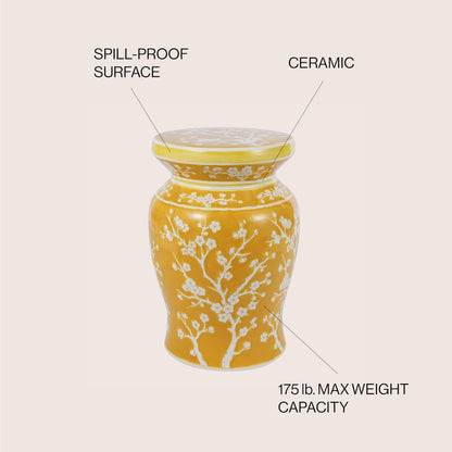 Cherry Blossom Classic 17.75" Yellow and White Ceramic Garden Stool