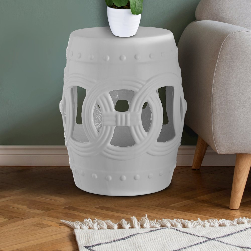 Lucky Coins 16" White Ceramic Cutout Interlocking Rings Drum Garden Stool