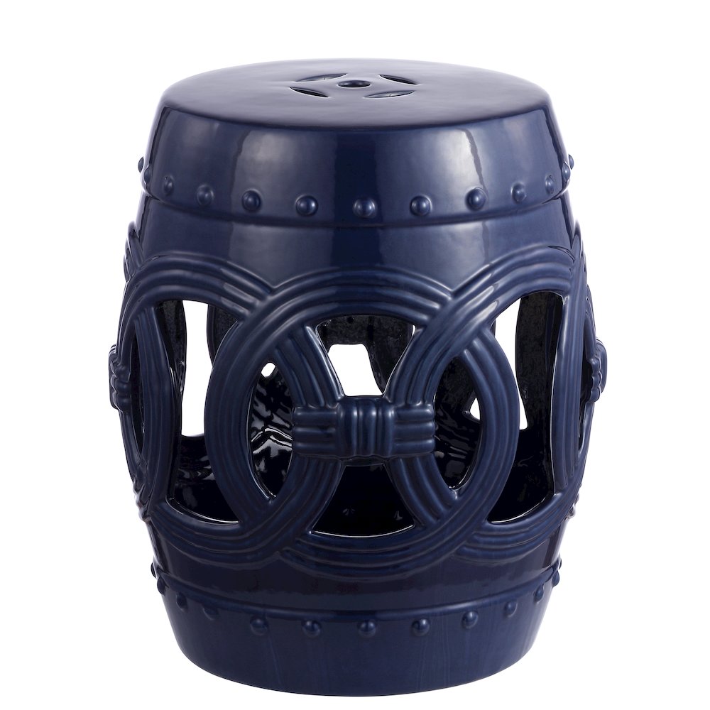 Lucky Coins 16" Navy Ceramic Cutout Interlocking Rings Drum Garden Stool