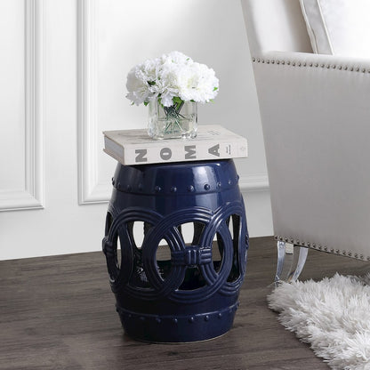 Lucky Coins 16" Navy Ceramic Cutout Interlocking Rings Drum Garden Stool
